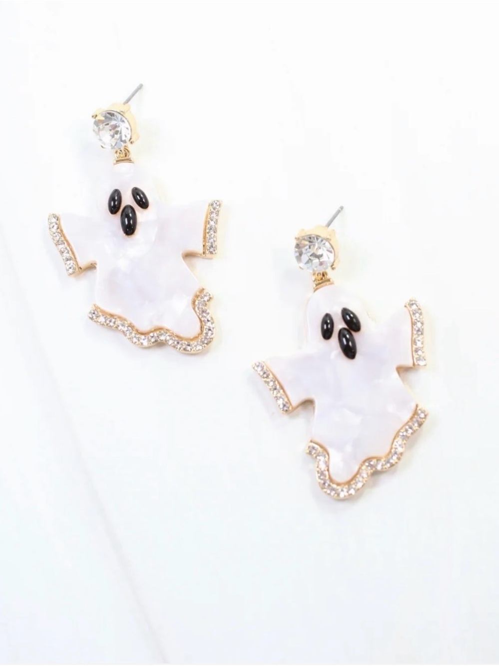 Gold-Tone White Ghost Drop Earrings with Crystal Studs